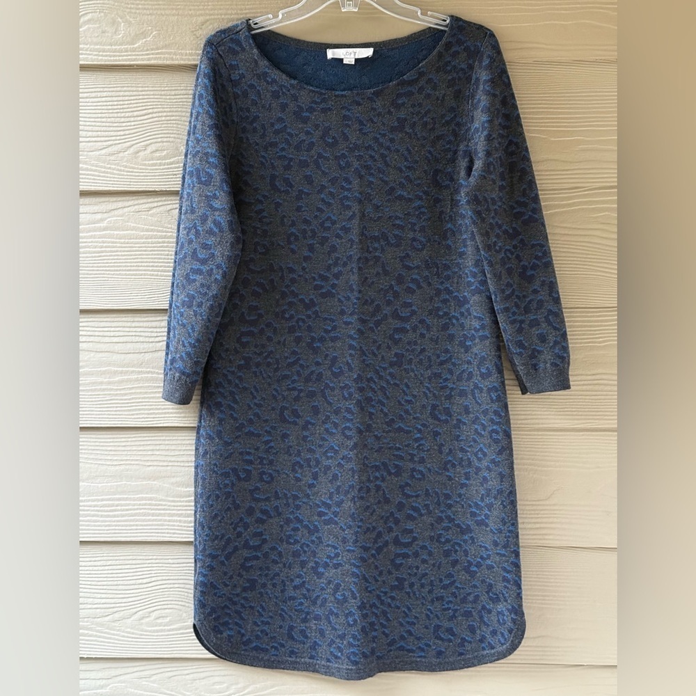 Ann Taylor LOFT Cheetah Animal Print Gray Blue 3/4 Sleeves Sweater Dress Size L - Picture 1 of 10